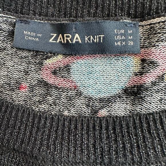 Zara Knit, Sparkly Black, Multicolored Saturn Print, 3/4 Sleeve, Sweater- M - Picture 3 of 8